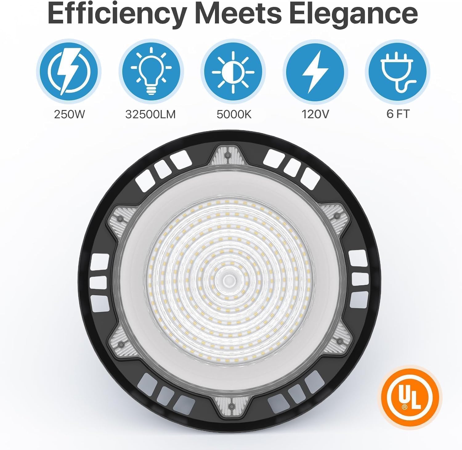 HYPERLITE LED High Bay Lights: 6-Pack 250W UFO Light for Damp Locations - UL-Listed LED Shop Lights for Warehouse Industry Lighting