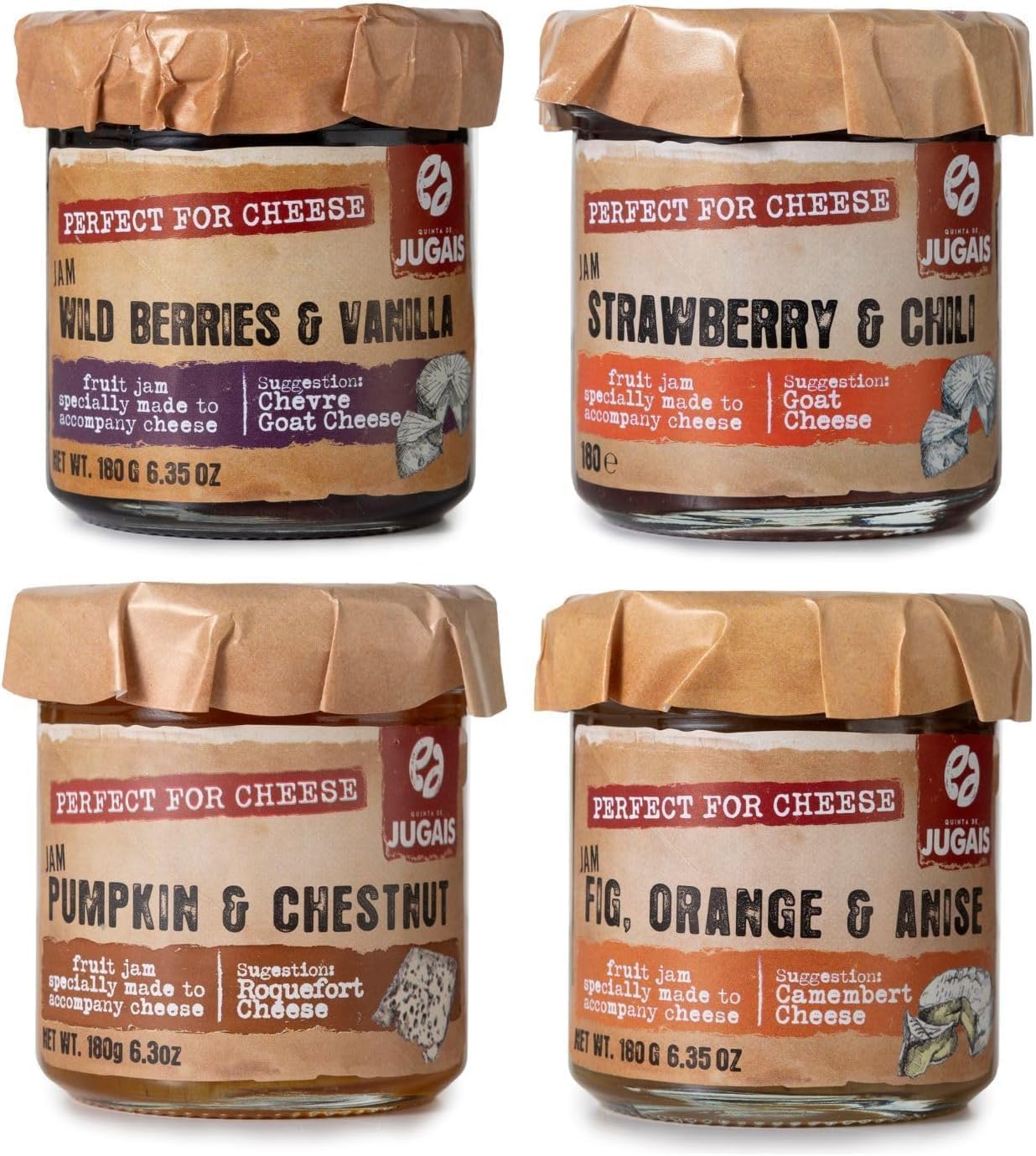 Auswahl verschiedener Marmeladen: einzigartige Geschmacksrichtungen: Kürbis und Kastanie, Orange und Anis, Erdbeeren und Chili, Waldfrüchte und Vanille. Perfekt zu Käse, 4er-Set à 180 g