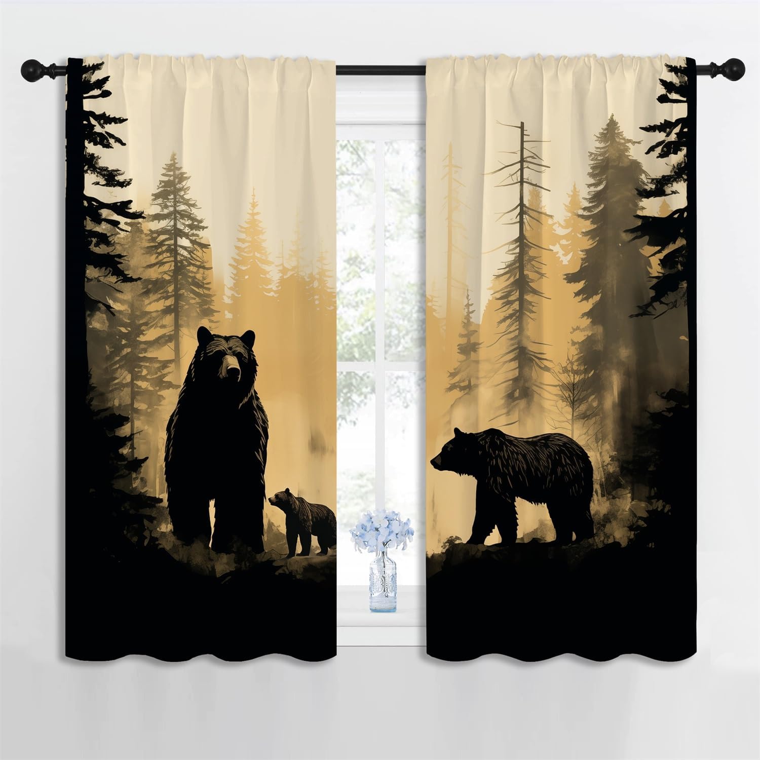 Rustic Cabin Bear Boy Girls Blackout Curtains,Woodland Hunting Country Wildlife Animal Family, 2 Panel Rod Pocket Thermal Insulated Drapes for Bedroom, Living, Kids Teen Room Deco 42x45 inch