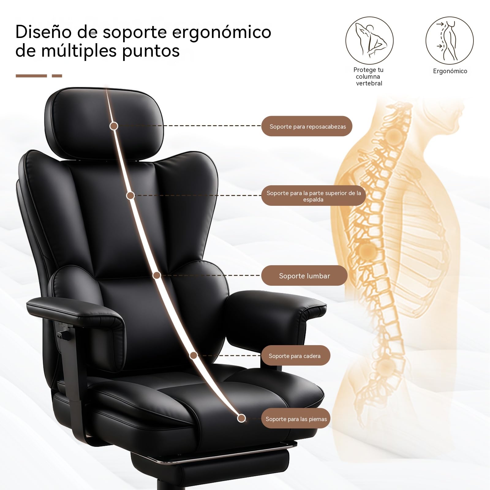 Silla Oficina Ejecutiva,Respaldo Alto En Cuero PU Giratoria con Reposa-pies,Diseño Ergonómico Reclinable con Soporte Lumbar Y Reposabrazos Ajustables para Hogar O Gaming (Negro)
