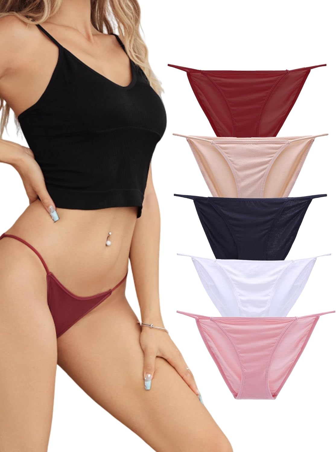 Buankoxy Women's Low-Rise String Bikini Panty Stretch Briefs Sexy Cheeky Underwear 5 Pack