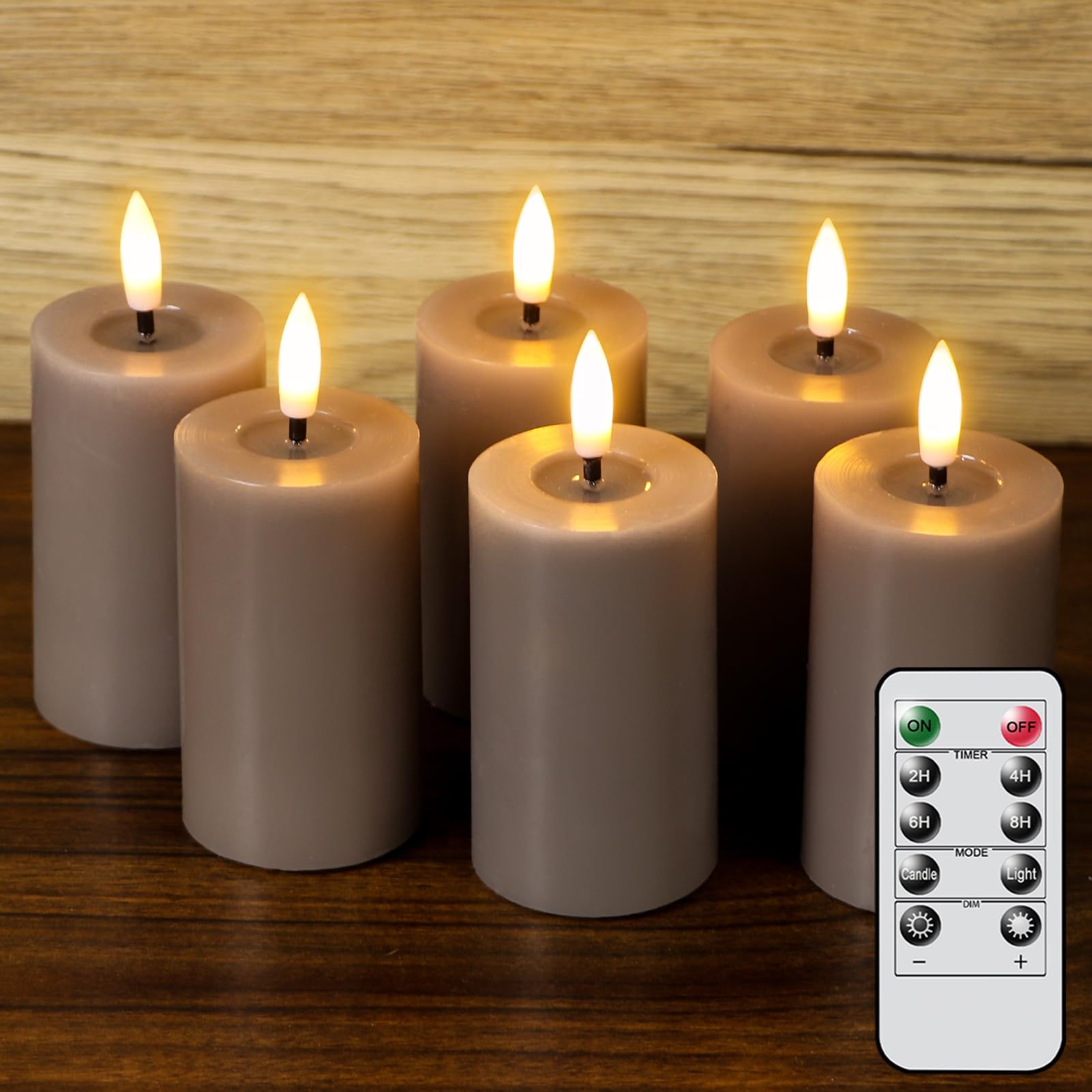 DRomance Battery Operated Flameless Candles with 10-Key Remote and Timer 6 Pack Real Wax LED Pillar Candles 3D Wick Flickering Warm Light Wedding Dinner Holiday Decor(Grey, 1.9" D x 4.5" H)