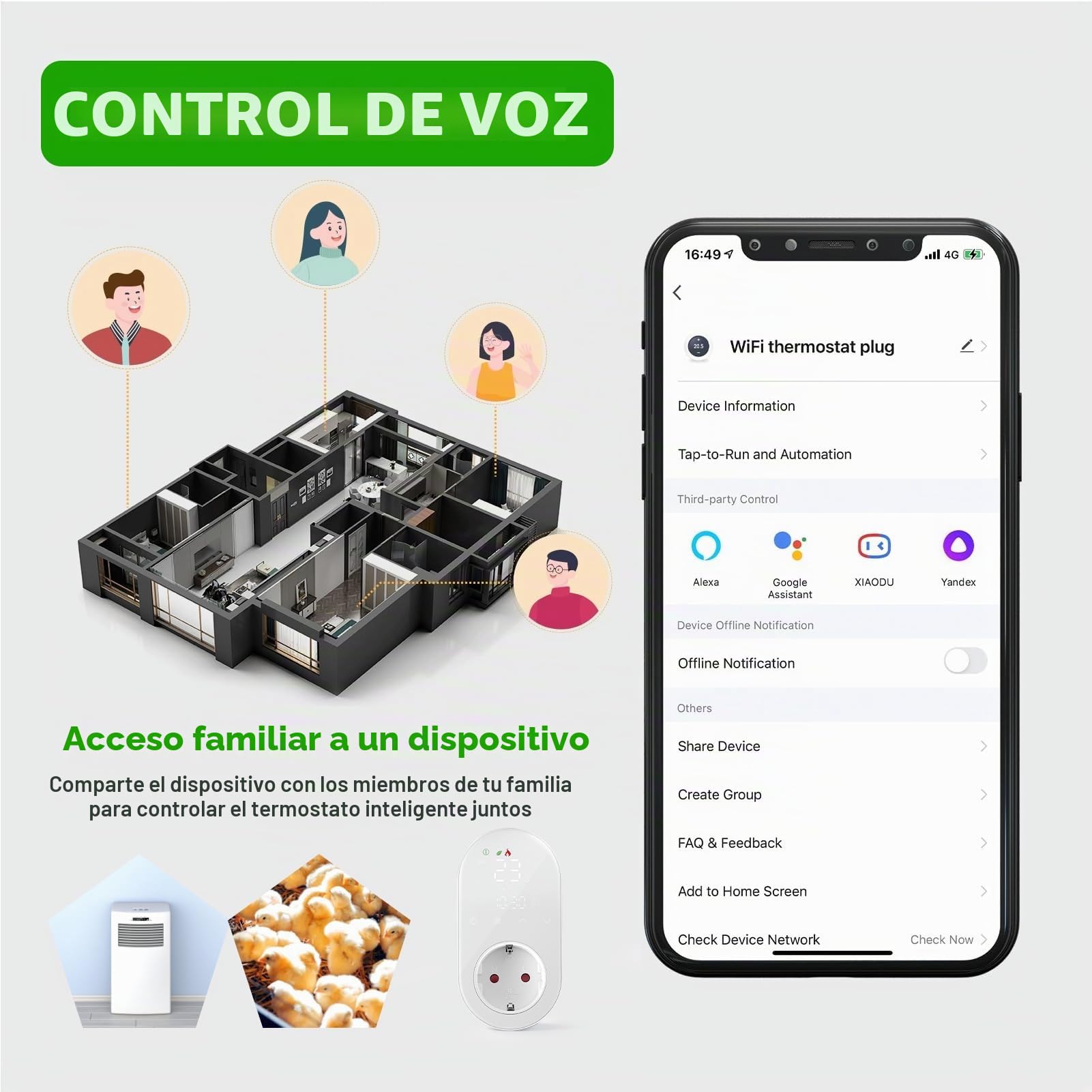 Jadeshay Termostato Digital Inteligente Enchufe de termostato Calefacción y Refrigeración 220V 16A Compatible con Alexa y Google Assistant Termostato para Reptiles Incubadora Invernadero (EU)
