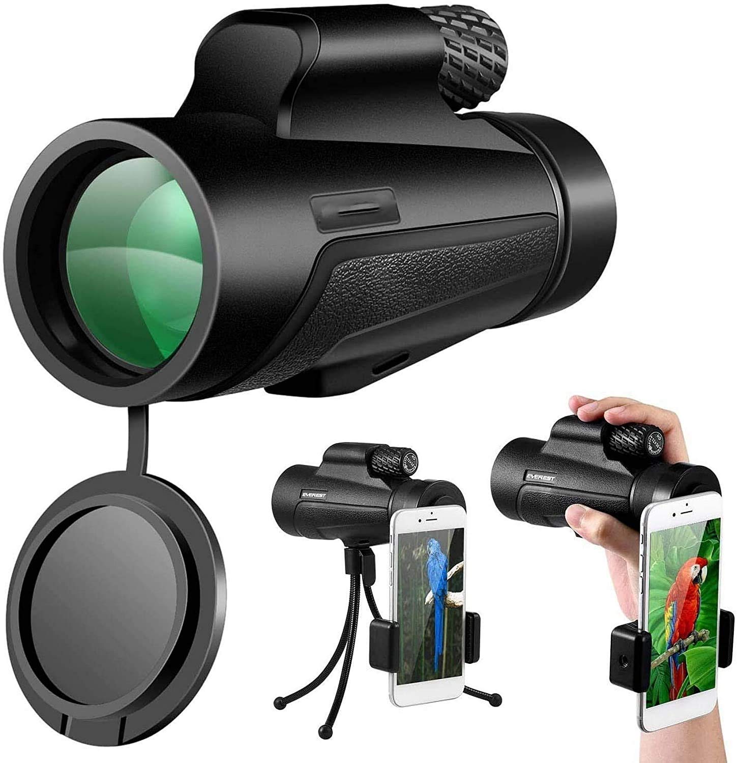 Monoculaire HD Haute Puissance 12x50 avec Support de téléphone et trépied - Prisme BAK4 étanche et Transparent pour l'observation des Oiseaux, Le Camping, la randonnée, idéal pour l'observat