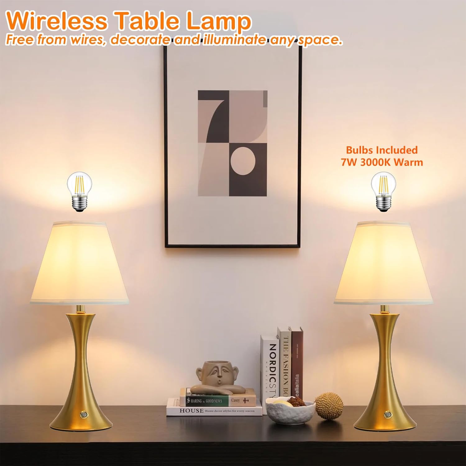 18 inches Gold Brass Wireless Lamp,Cordless Table Lamp with 8000mAh Battery,Modern and Elegant Rechargeable Table Lamp,Bulbs and Charging Cable Included