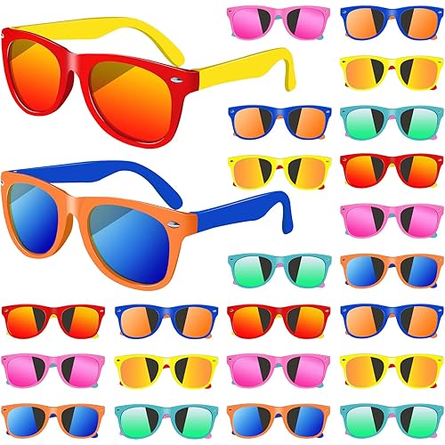 24 Pack Kids Sunglasses Bulk,Neon Retro Plastic Sunglasses for Kids,Colorful Novelty Sunglasses with UV400 Protection,Summer Pool Party Favors