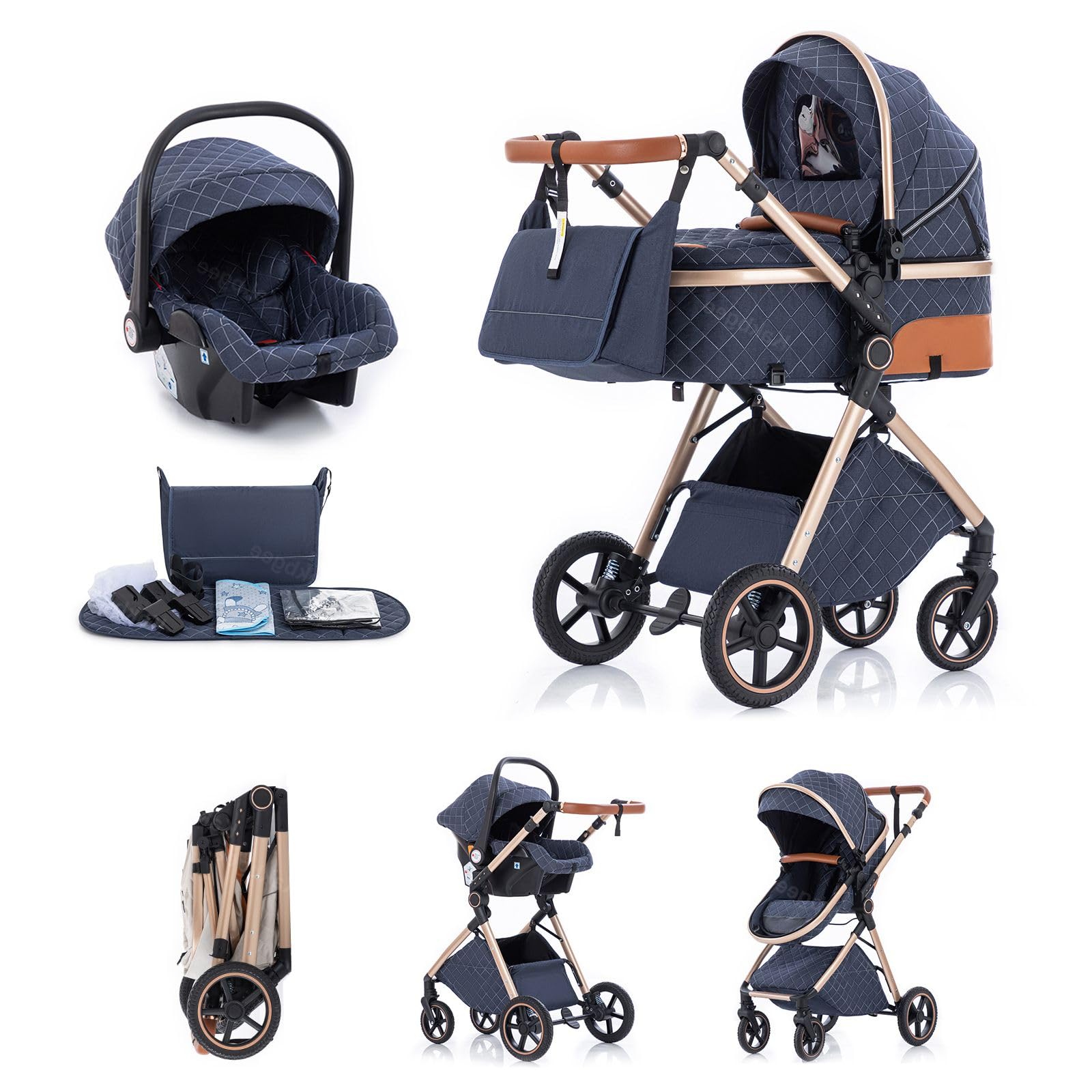 Kakbgee 3 in 1 Kinderwagen mit Babyschale, Faltbar Buggy, 7-fach höhenverstellbarem Griff, 4-Rad Federung, Regenschutz, Moskitonetz, Kombikinderwagen für Neugeborene 0-3 Jahre (15kg), Blau