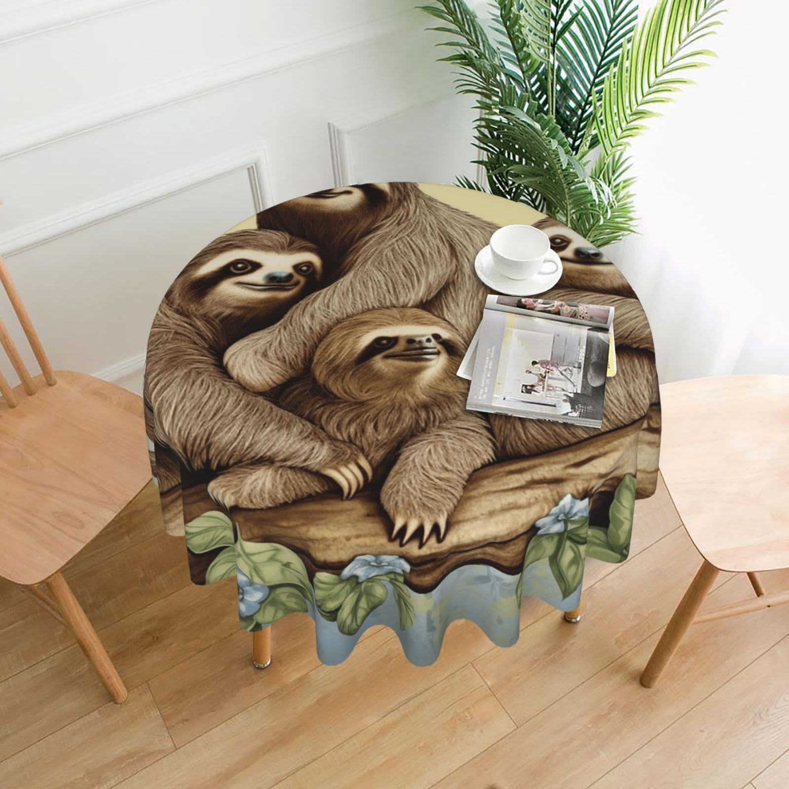 Fodpand Black Sloth Family Tablecloths For Round Tables 60 Inches - Reusable And Washable Kitchen Table Clothes Decorative Table Cover For Dining Tables, Buffet Parties, Wrinkle Resistant