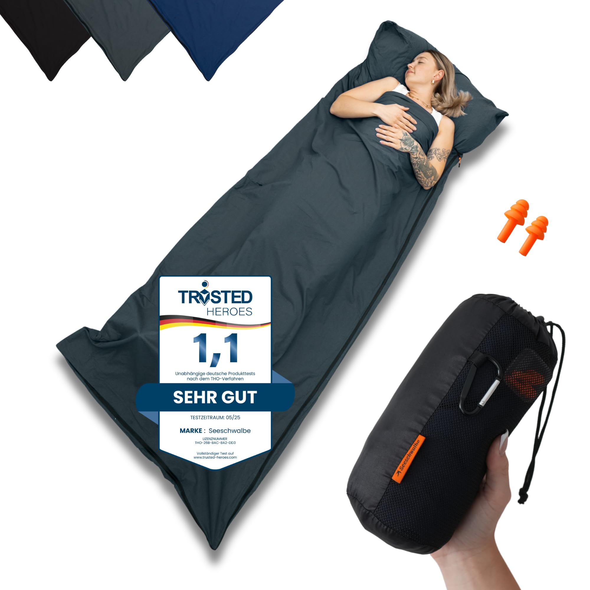 Hüttenschlafsack Baumwolle Ultraleicht atmungsaktiv, Reiseschlafsack mit Kissenfach, grau