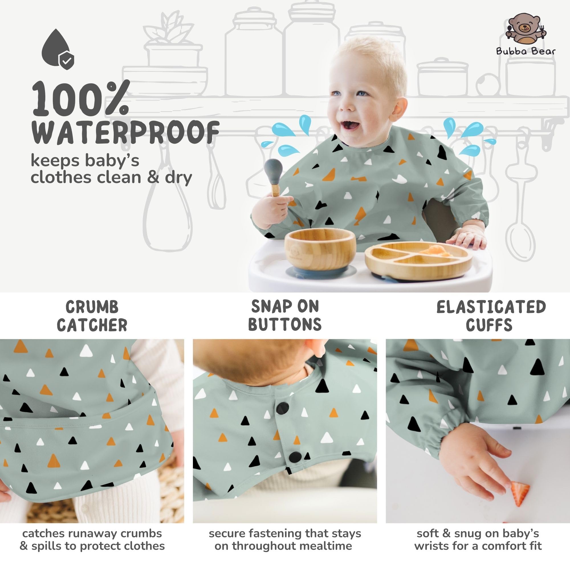 Bubba Bear ® Baby Weaning Bib with Sleeves, Green Triangles, 6-36 Months - Image 4