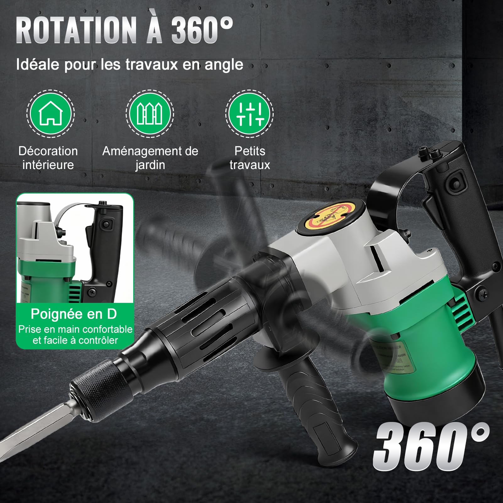 Marteau Piqueur, 1400W 30 Joules Marteau Piqueur De DéMolition Marteau Perforateur Burineur Electrique Avec Burin Pointu Et Burin Plat,Anti-Vibration PoignéE Rotative 360° Pour Brise-BéTon