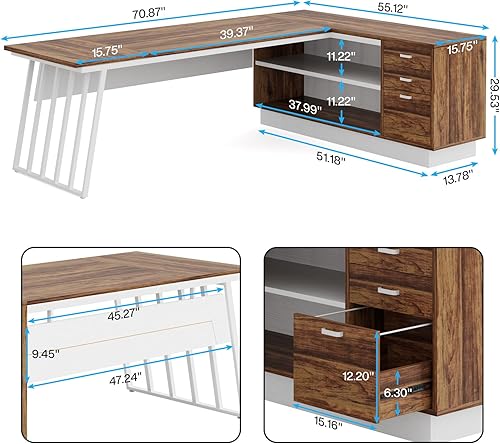 Miniatura 2 de Tribesigns Escritorio ejecutivo de 71 pulgadas, escritorio en forma de L con gabinete, escritorio de oficina grande con cajones y estantes de