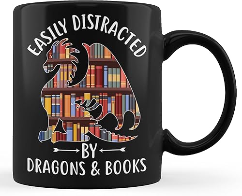 Miniatura 1 de Easy Distracted by Dragons and Books Dragon Lover Mythical - Taza de café negra de 11 onzas