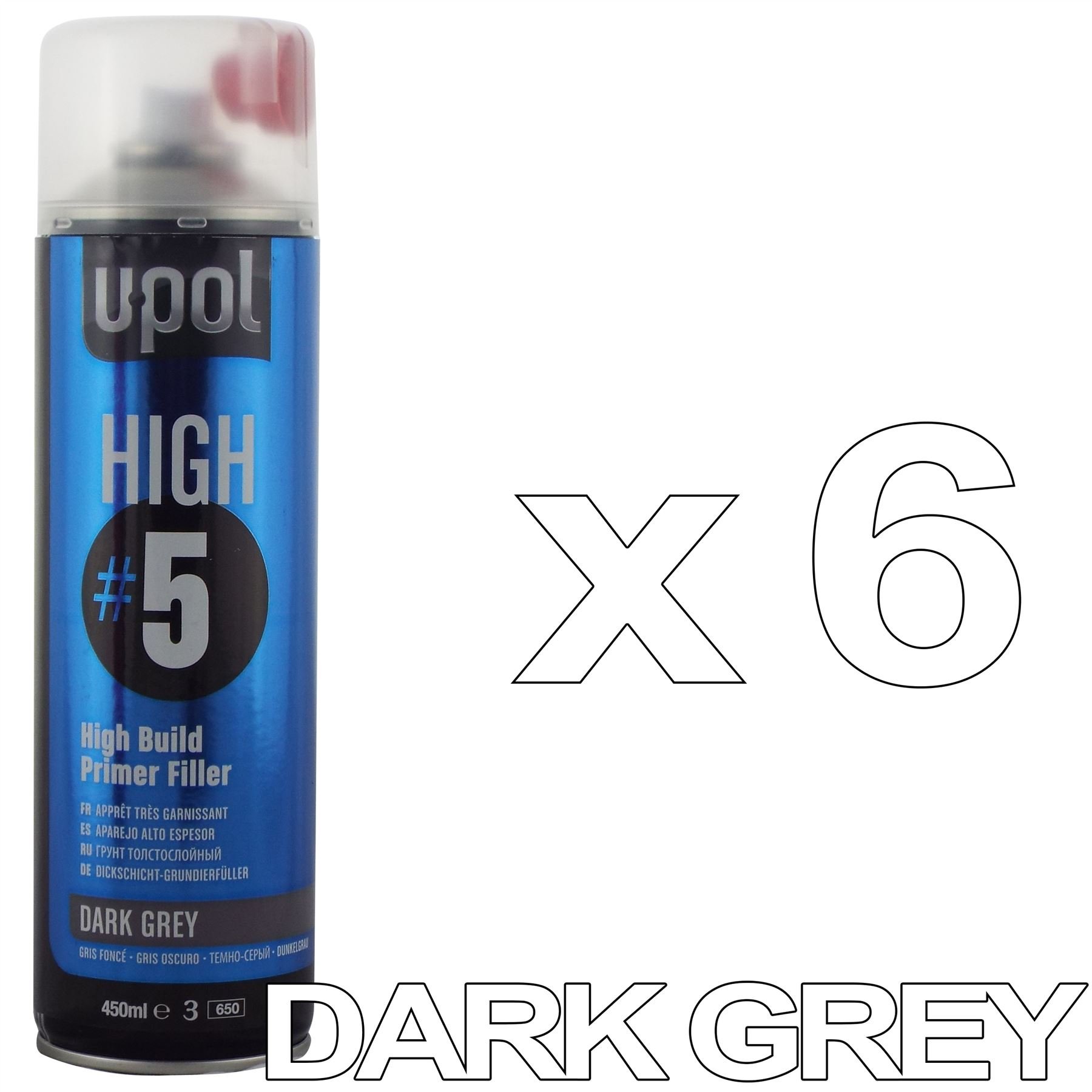 U-POL High#5 HIGHDG/AL 6 x DARK GREY 1K HS High Build Aerosol Paint Primer Filler 6 x 450ml Cans Fast drying, easy sanding and economical. Ideal for spot and smart repair.