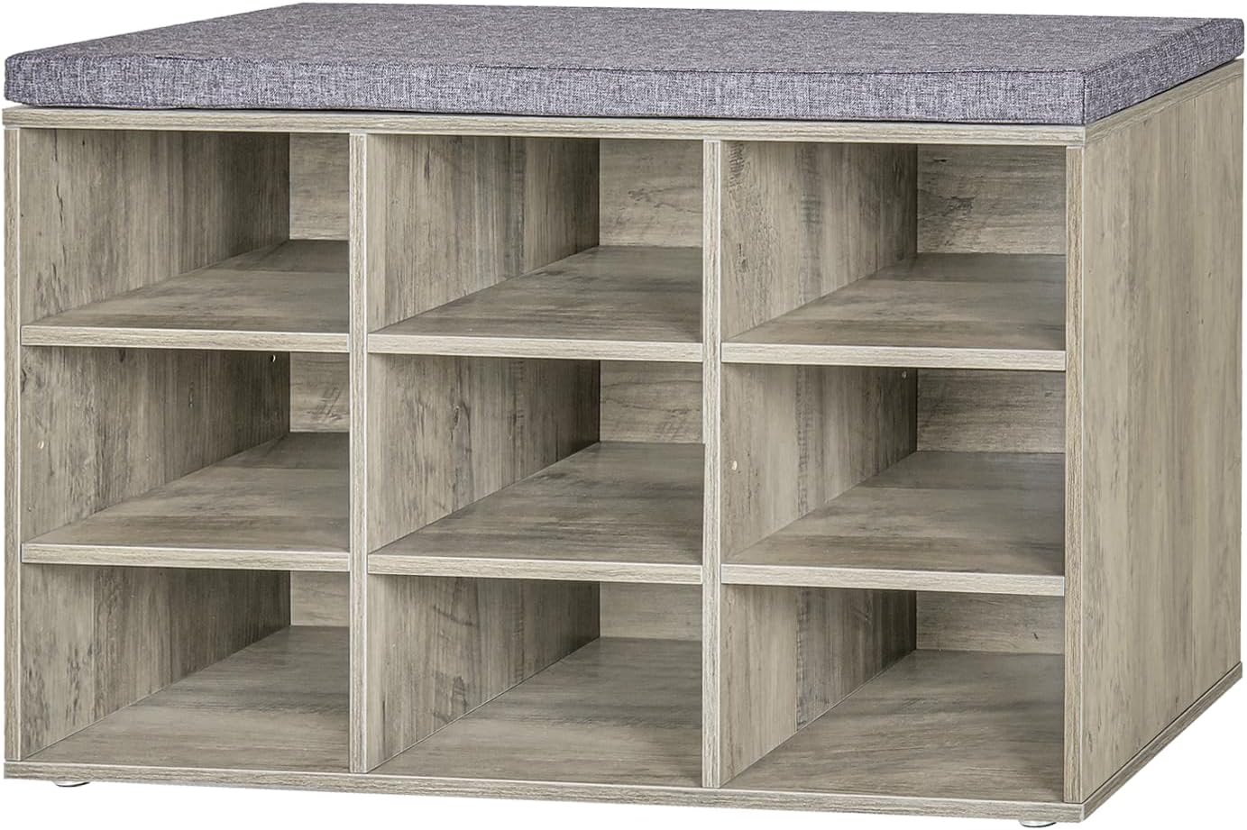 DINZI LVJ Shoe Bench, 9 Cubbies Shoe Organizer for Entryway, Storage Bench with Cushion, Cubby Shoe Rack with Adjustable Shelves for Living Room, Bedroom, Mudroom, Hallway, Gray Wash