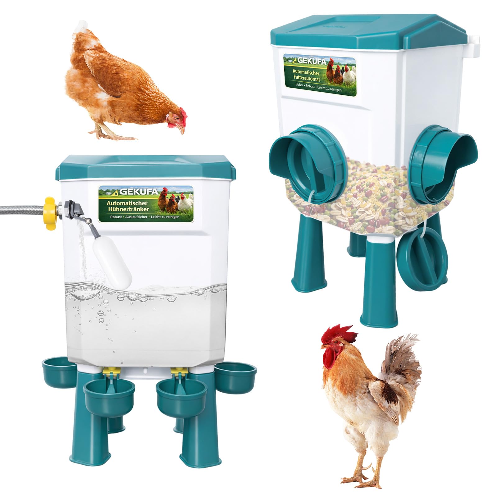 Futterautomat Hühner & Hühnertränke Set – 8 KG Futterspender & 7 L | Automatische Hühnertränke Kein Futterverlust, Robuster Kunststoff, Geflügelzubehör für Hühner & Enten