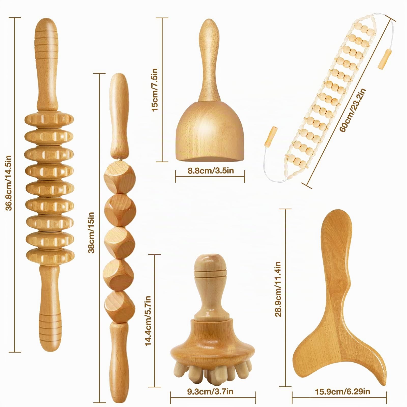 Kit Maderoterapia Corporal 6PCS, Masajeador Anticelulitico Piernas,Gluteos | Ecofriendly Madera, Rodillo Masaje, Ventosa Celulitis, Drenaje Linfático, Alivio del Cuerpo Dolor, Relajación Músculo