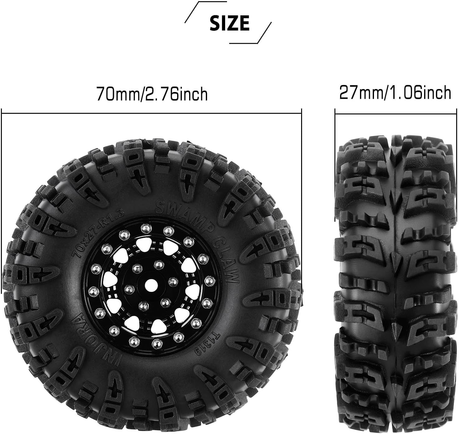 INJORA 1.3" Wheel Tires Set - S5 Swamp Claw Mud Terrain Tires and Aluminum Wheel for 1/18 1/24 SCX24 TRX4M Upgrade RC Crawler Car