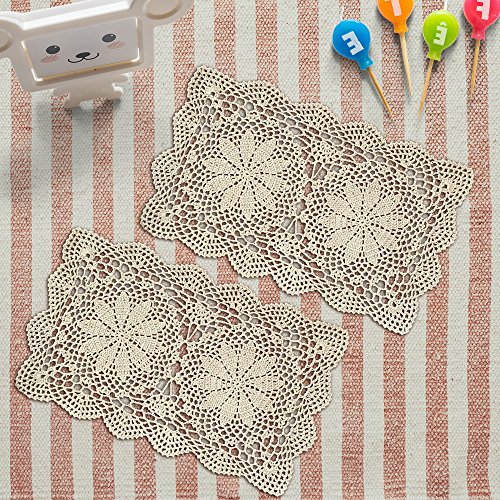 Yazi Crochet Cotton Lace Placemats Doilies Rectangle Doilies Value Pack 2Pc, Beige, 10Inches By 16Inches #TOP3