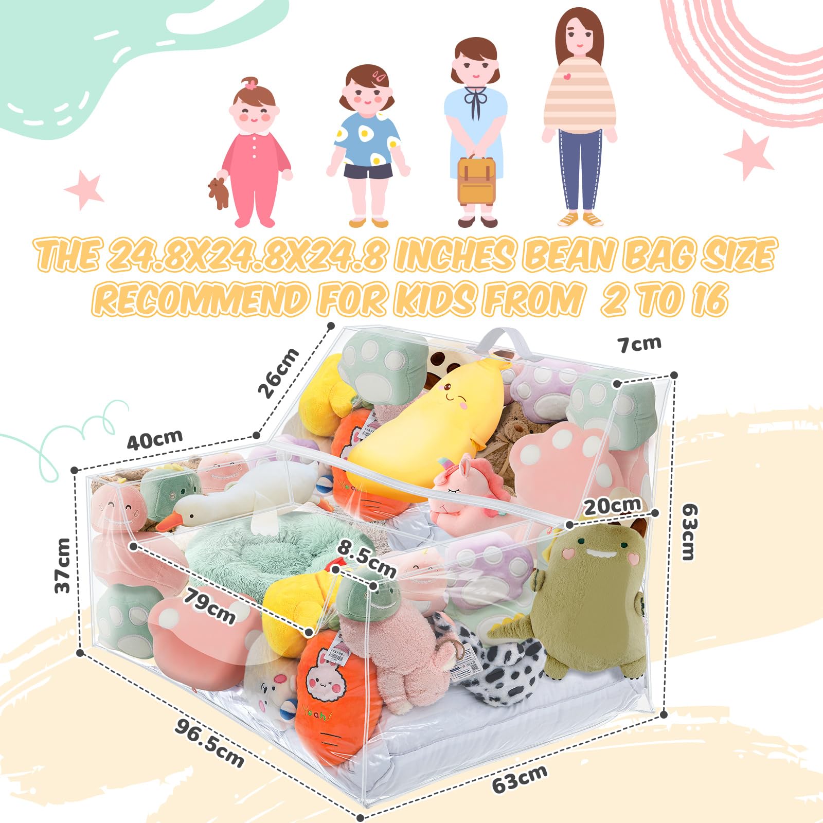 Teenyyou Stuffed Animal Storage Bean Bag Chair Sofa Cover Zipper Large Transparent PVC Stuffed Animal Organizer Bean Bag Seat Only for Organizing Rooms Plush Toys When Filled(38 Inch,Sofa Style)