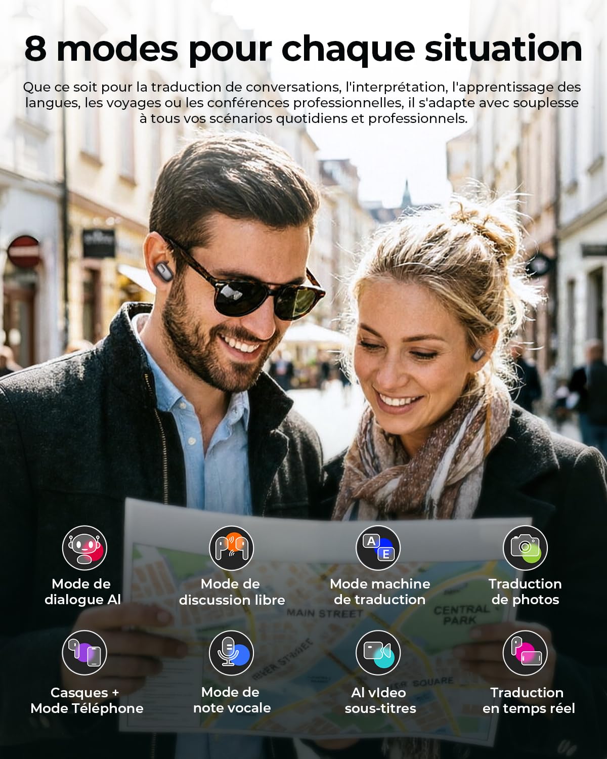 NE75 Écouteur Traducteur Instantané IA 165 Langues 6 Modes | Écouteurs Bluetooth Sans Fil avec Réduction de Bruit ANC et 40H Batterie, pour Voyage Affaires et Apprentissage, Noir