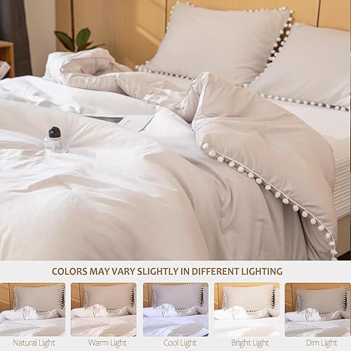 Miniatura 8 de Bedbay Juego de edredón beige tamaño individual para niños y niñas, ropa de cama con pompones de microfibra ultra suave, ligero, juego de edredón de