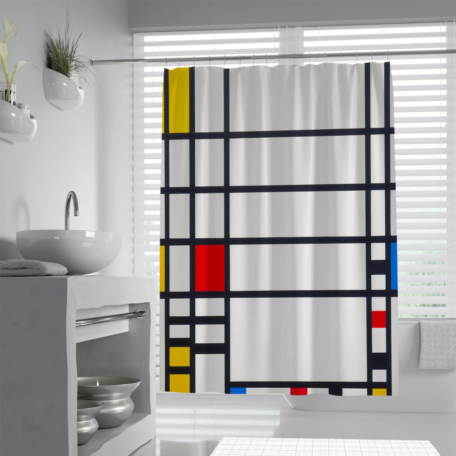 Lotus シャワーカーテン シュールな幾何学背景絵画プリント 布生地 バスルーム装飾セット フック付き 120Wx180Lcm  Amazon｜ピエトモンドリアン幾何学線プリントシャワーカーテン防水ポリエステルバスカーテンセットフック付き速乾性白黒100x180cm｜  シャワーカーテン ..., image size:1600x1600