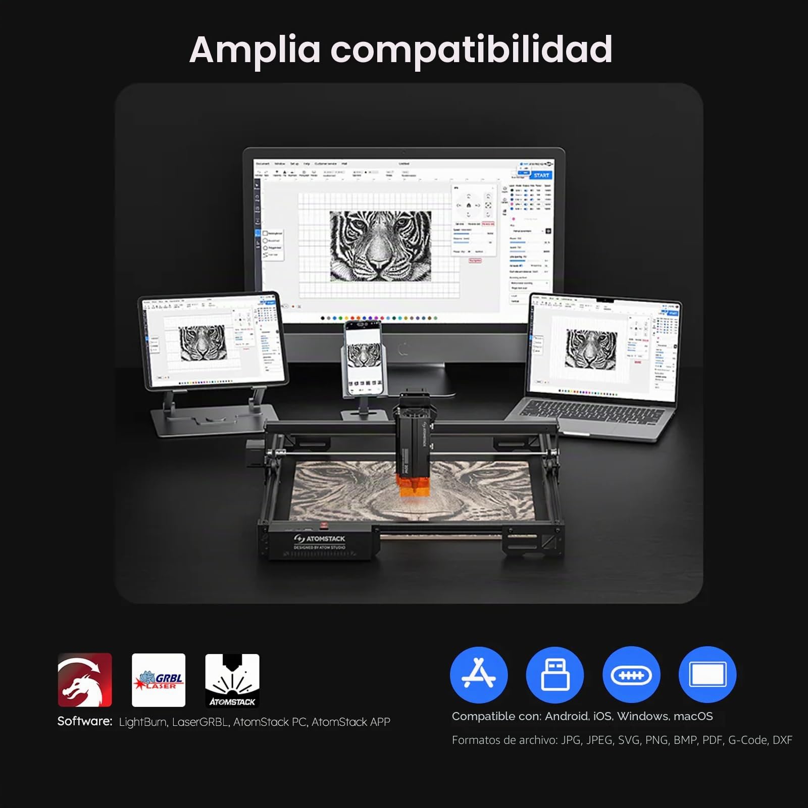 ATOMSTACK A10 PRO V2 Máquina de grabado láser 12W, cortadora láser para madera con punta de 0,06 mm, grabador láser de alta precisión para madera, metal y vidrio acrílico oscuro