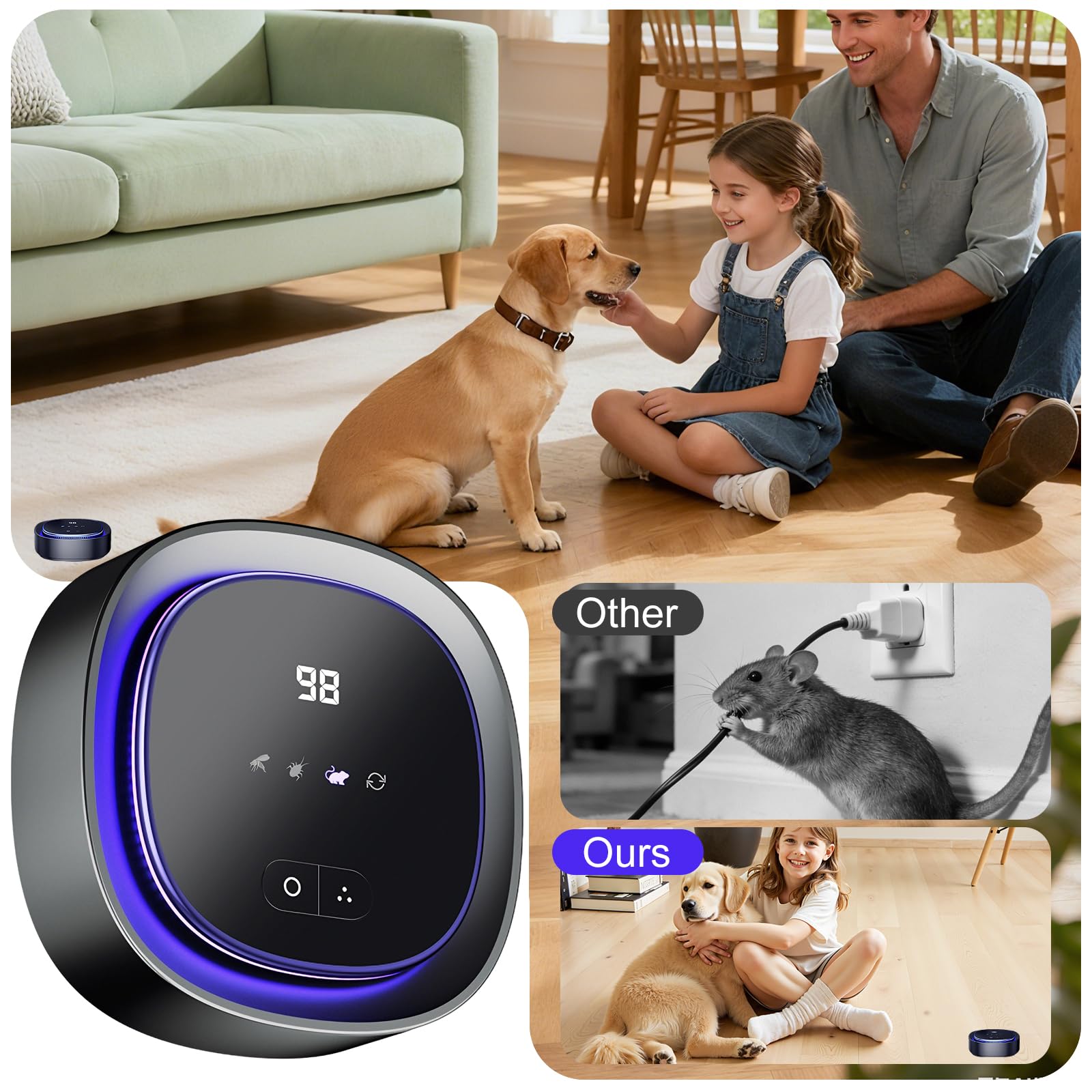 Repelente ultrasónico de ratones con luz estroboscópica LED, 360 °, repelente de mosquitos e insectos, 3 modos de trabajo, recargable 2000 mAh, defensa inalámbrica del ratón