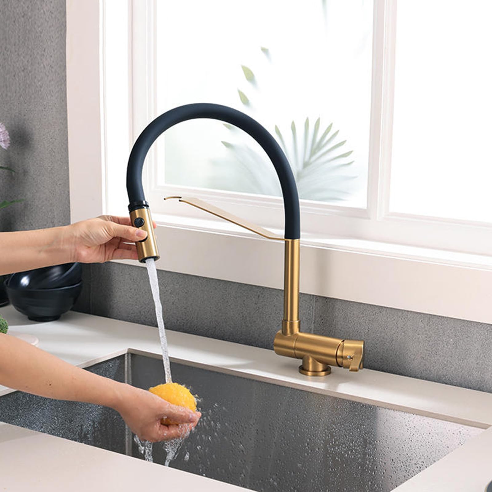 Generisch Wasserhahn Küche Mischbatterie Klappbarer Küchenarmatur gebürstetes Gold Ausziehfunktion ideal für die Fenstermontage 2 Strahlarten klappbare Spültischarmatur für Wohnmobile