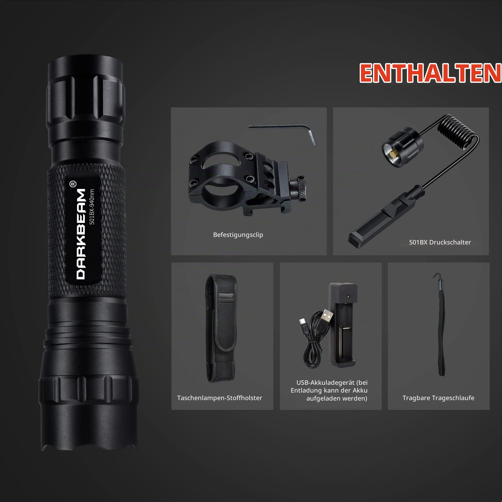 DARKBEAM Infrarot-Taschenlampe nachtsicht 940nm LED-Infrarot-Licht 10W | Arbeit für Nachtsichtgeräte, Zoombare Unsichtbare IR-Strahler Wiederaufladbare für Fotografieren, Camping, mit Akku & Clip