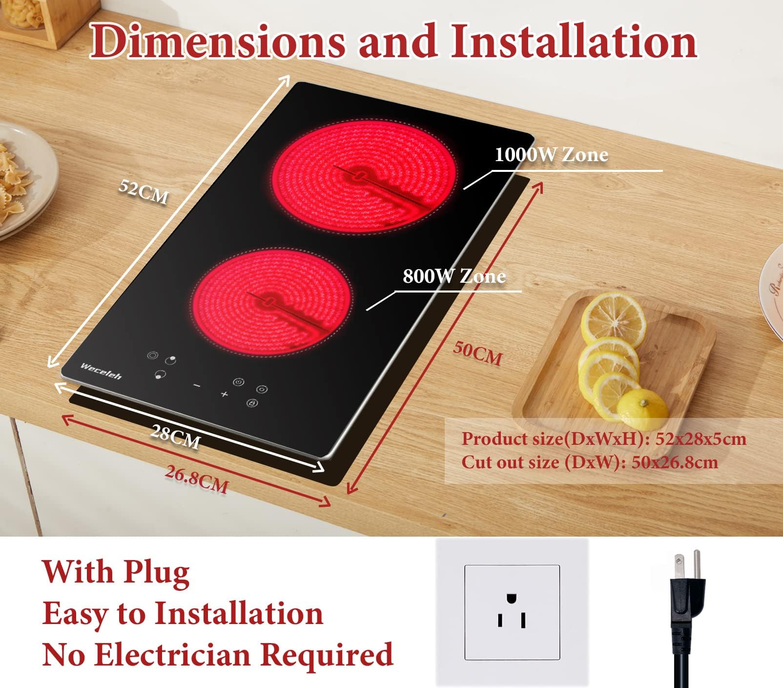 Amazon.com: Weceleh 12 Inch Electric Ceramic Cooktop with Plug, Built-in  Electric Stove Top, 2 Burners Electric Stove 110-120V, Child Safety lock,  Sensor Touch Control, 9 Heating Levels Cooker (PLUG IN) : Appliances