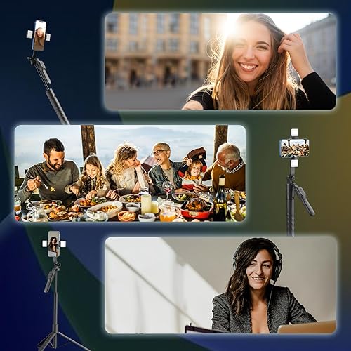 Miniatura 7 de Palo selfie de 68 pulgadas con control remoto, trípode portátil para iPhone con luz de relleno, soporte de trípode extensible Bluetooth ligero