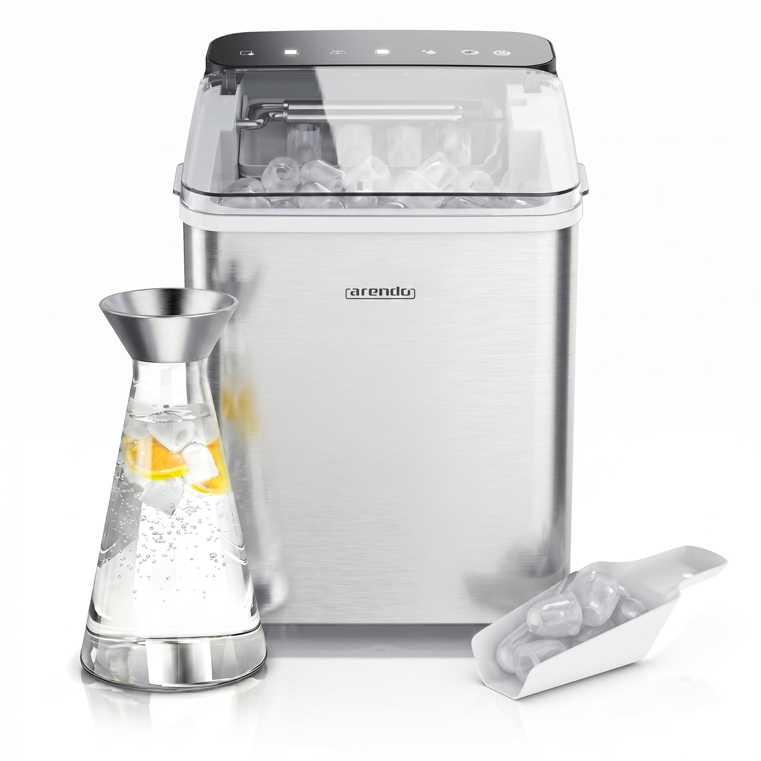 Arendo – Eiswürfelmaschine Edelstahl – Ice Cube Maker – 150 W – 12 kg Eis pro Tag – Automatische Abschaltfunktion – Warnfunktion – kleine Eiswürfel oder große Eiswürfel – leiser Betrieb