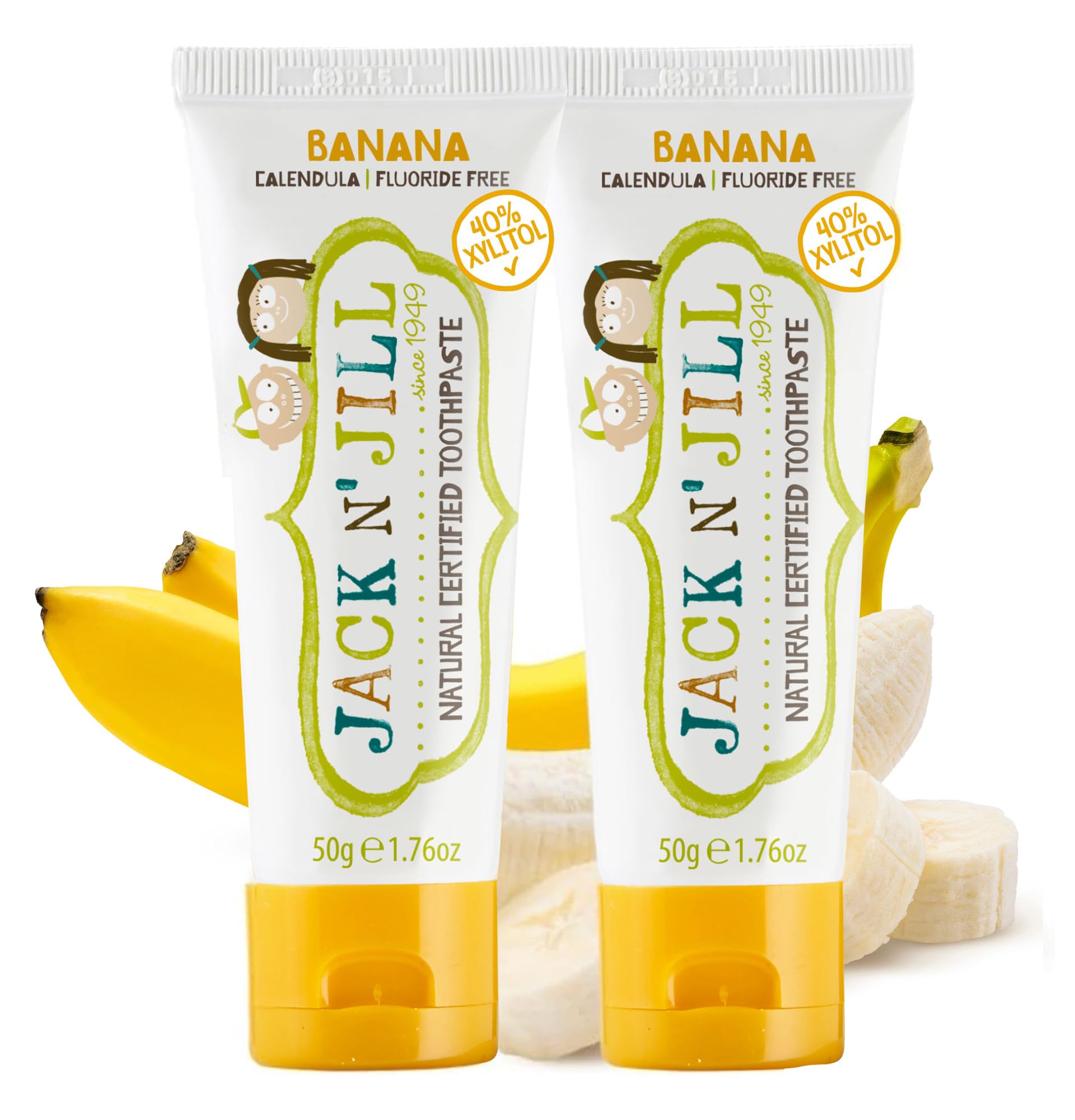 Jack N’ Jill Natural Certified Kids Toothpaste – Fluoride-Free Toddler & Baby Toothpaste with 40% Xylitol, No Sugar, Suitable from 6 Months+, Organic Banana Flavour, Pack of 2 (50g Each)