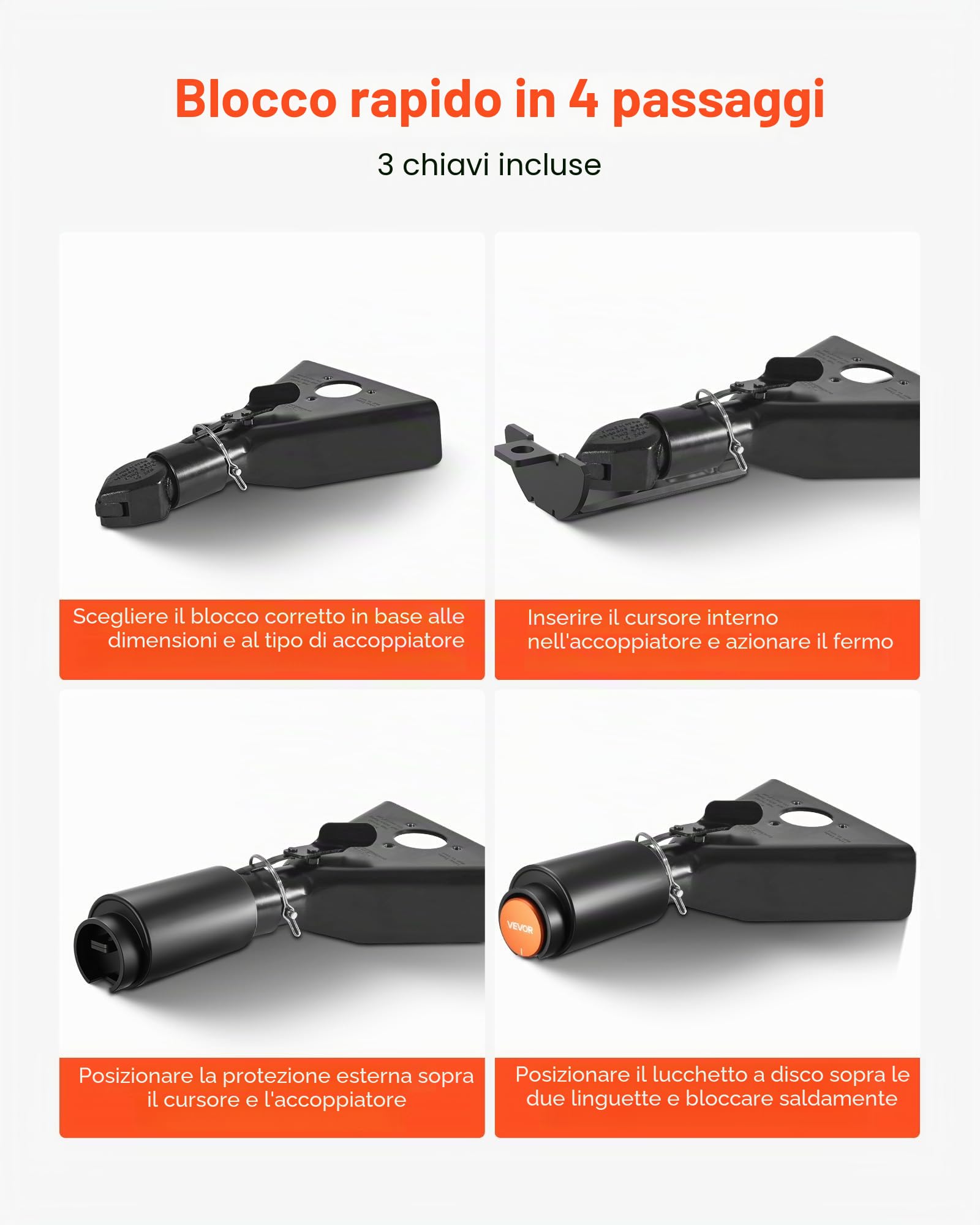 VEVOR Lucchetto per Rimorchio, Adatto per Attacchi da 50,6 e 58,6 mm, Lucchetto per Gancio di Traino Robusto con 3 Chiavi, Protegge Le Catene di Sicurezza, Resistente allo Scasso e alla Corrosione