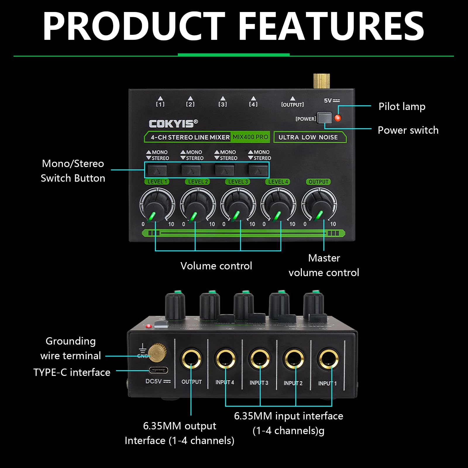 4 Kanal Stereo Audio Mixer, Mischpult 4 Kanäle 6,35mm Audiomischer mit 4 Eingänge und 1 Ausgang Type-C Aufladen Audiomixer für Bandauftritte Bühnenauftritte Instrumentenübungen Musikaufnahmen