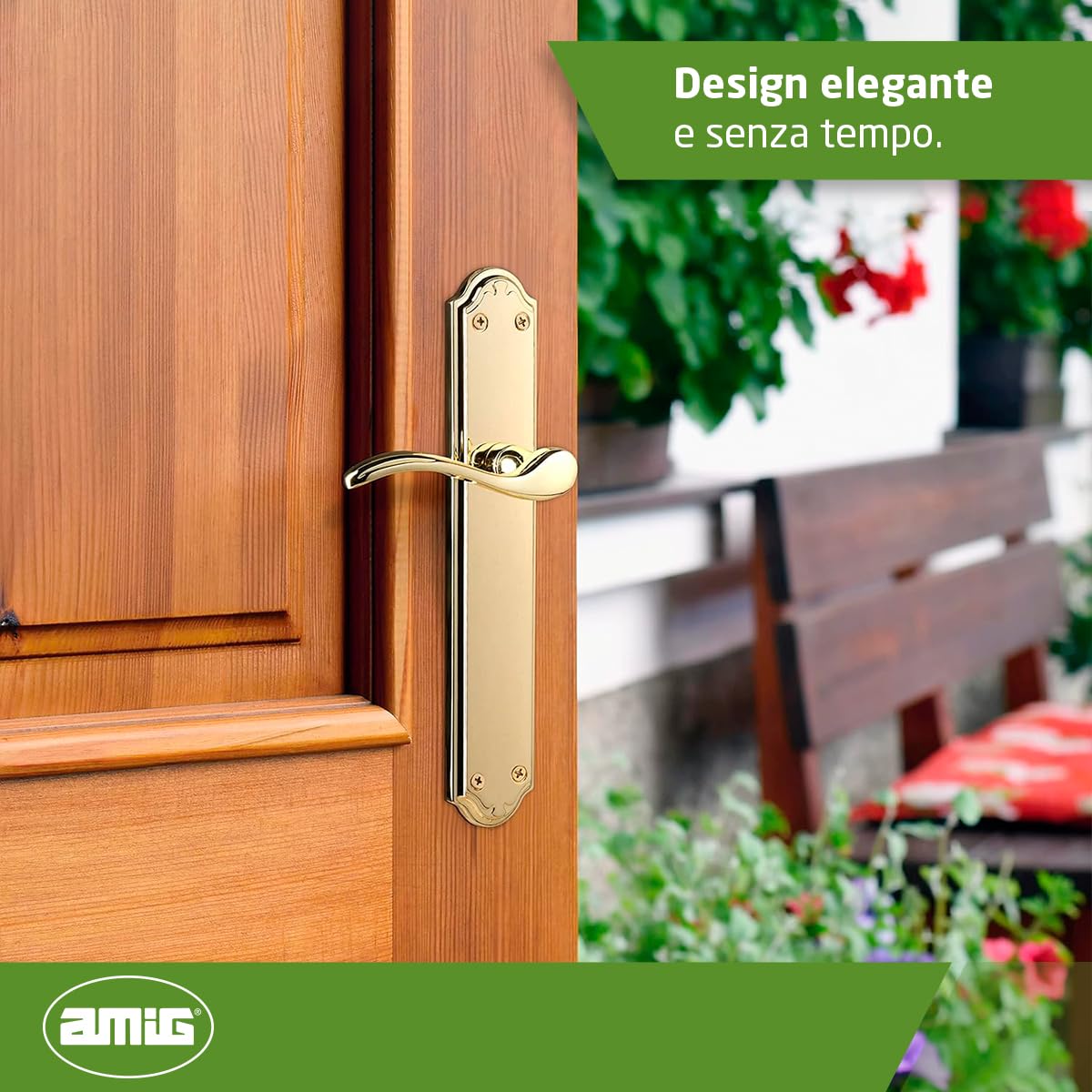 Amig - Set maniglia con placca - 248 x 44 mm - In zama - Finitura oro - Include viti passanti antifurto e accessori di fissaggio - Per porte interne
