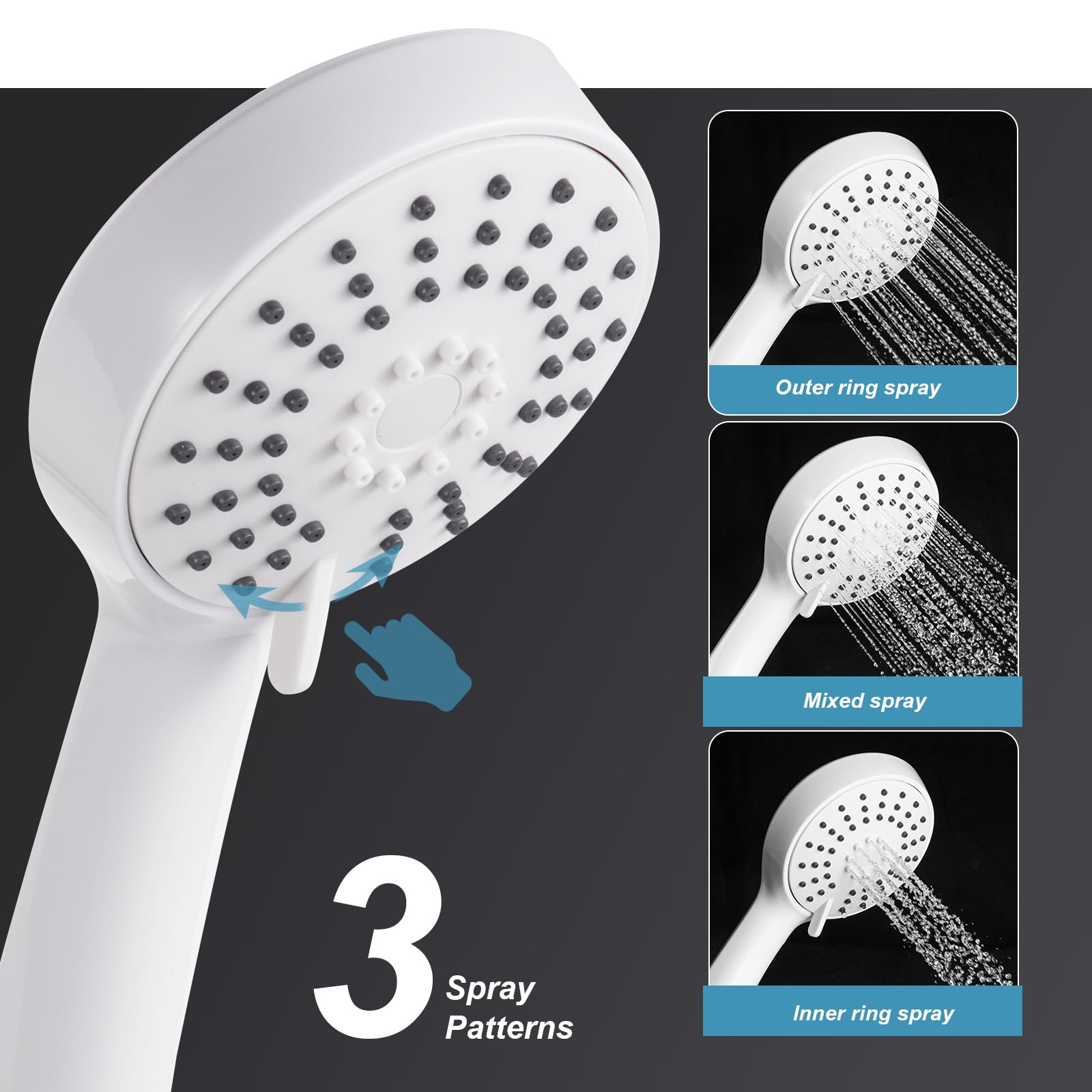 OFFO Shower Riser Rail Kit, Shower Slide Bar 90cm with 3 Modes Shower Head and Hose Set, 1.6m Stainless Steel Hose - Image 3