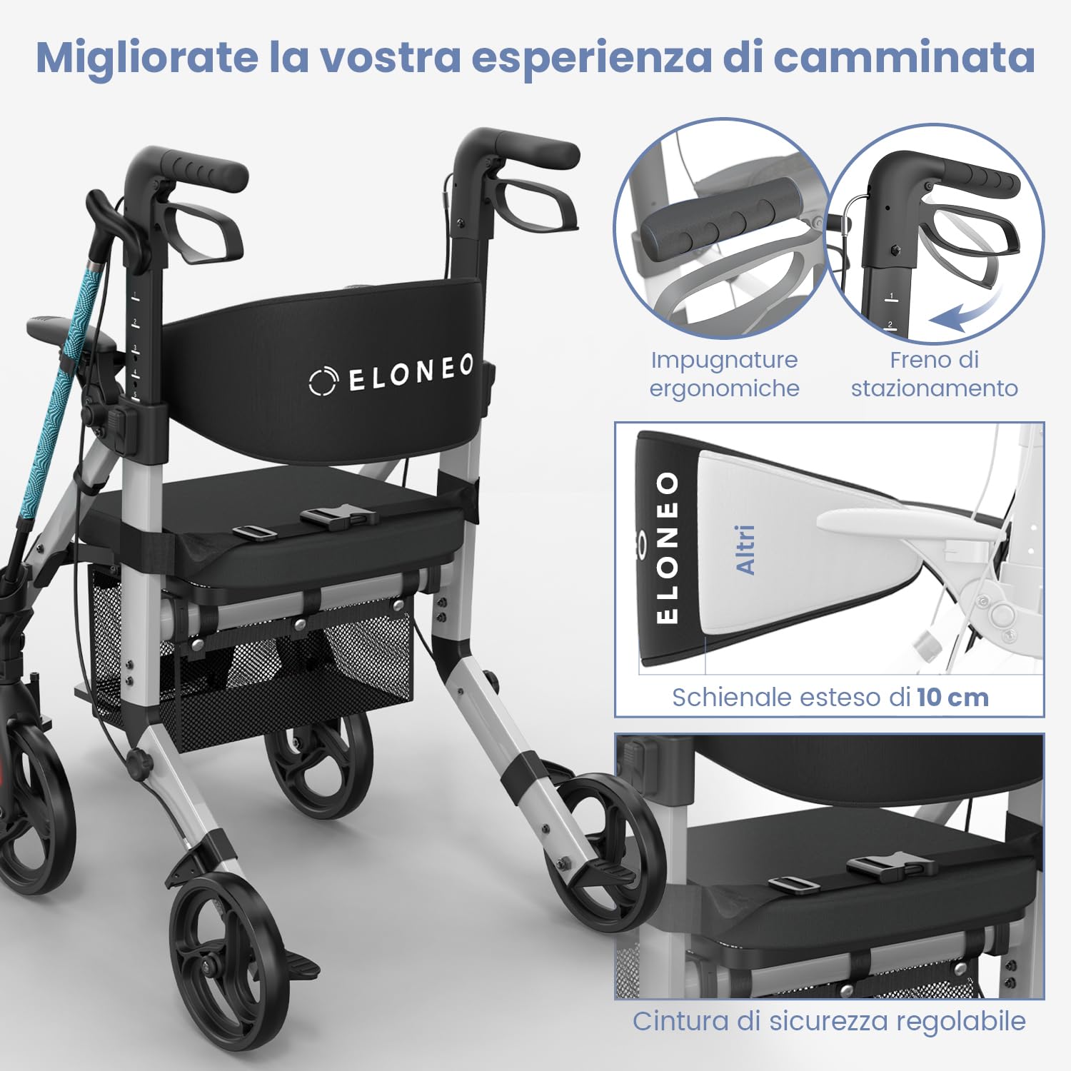 ELONEO Sedia a Rotelle Rollator 2 in 1 Pieghevole e Leggero con Seduta, Rollator da Esterno Pieghevole e Leggero per Tutti i Terreni, Deambulatore in Alluminio, Sedia a Rotelle da Trasporto, argento