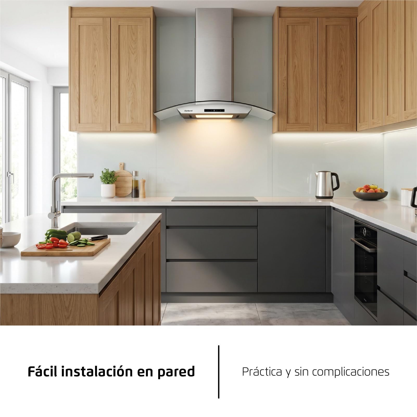 Corbero - Campana Extractora Horizontal 90cm | FUJI975XGLASS | 720.2 m3/h| 67db| 235W | 4 Velocidades | Control Touch| Panel LED| Filtro Aluminio + Filtro Carbón | Acero Inoxidable-Cristal