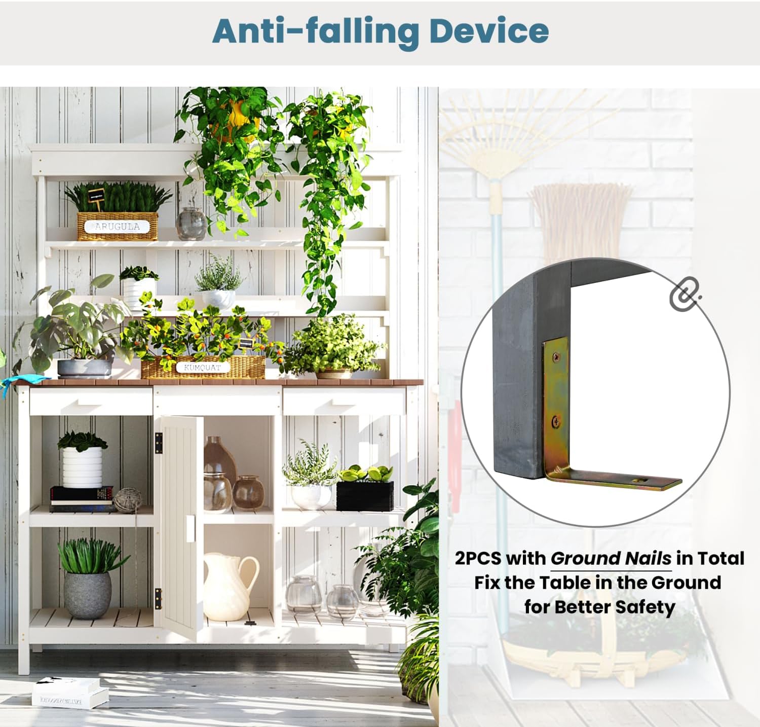 66" Large Outdoor Farmhouse Wooden Potting Bench Table, Garden Workstation with 2 Drawers, Cabinet and Open Shelves for Backyard, Mudroom, White Solid Wood Workspace Mudroom Ready