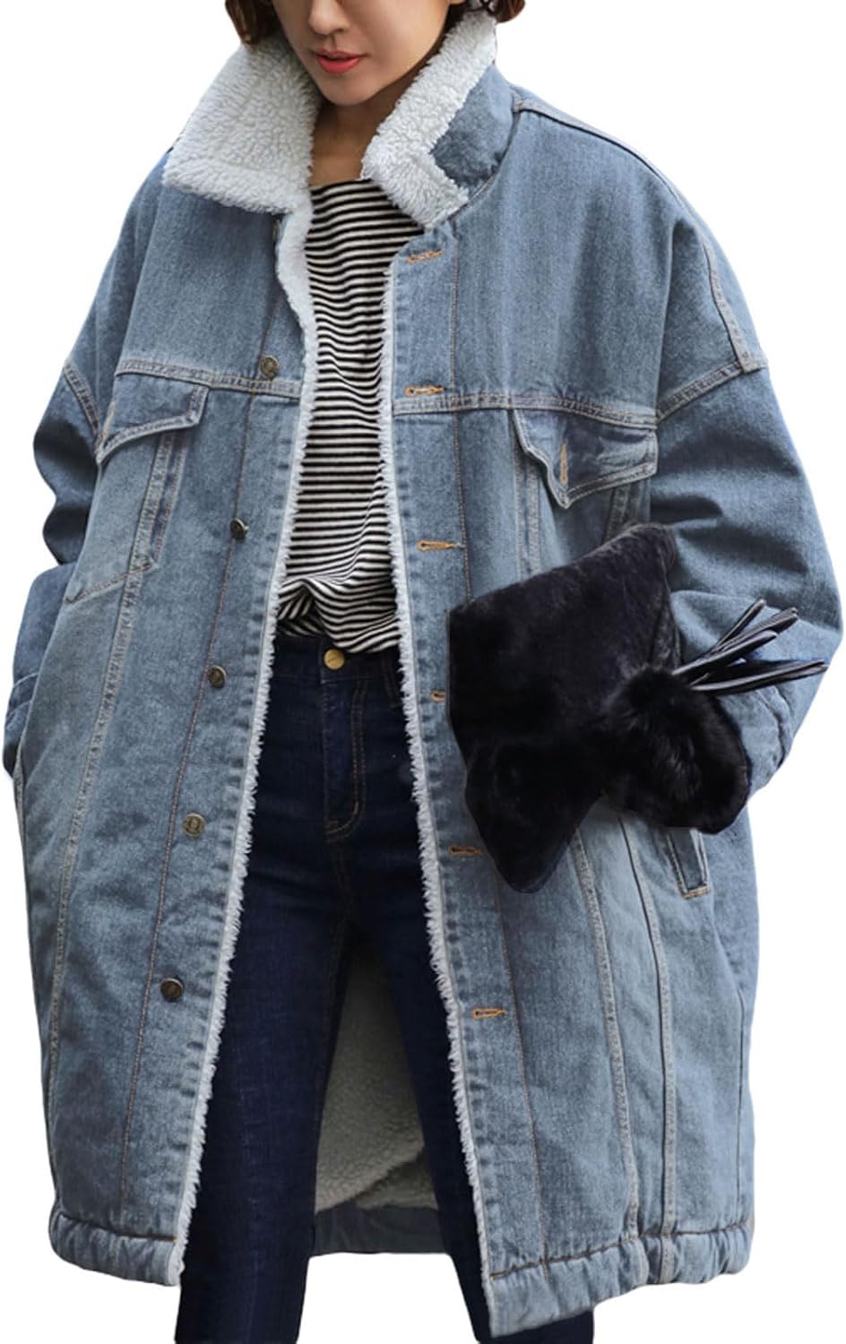 loveimgs Women Long Sherpa Fleece Lined Jeans Jacket Denim Trench Coat Thicken Button Down Patchwork Trucker Coat Overcoat