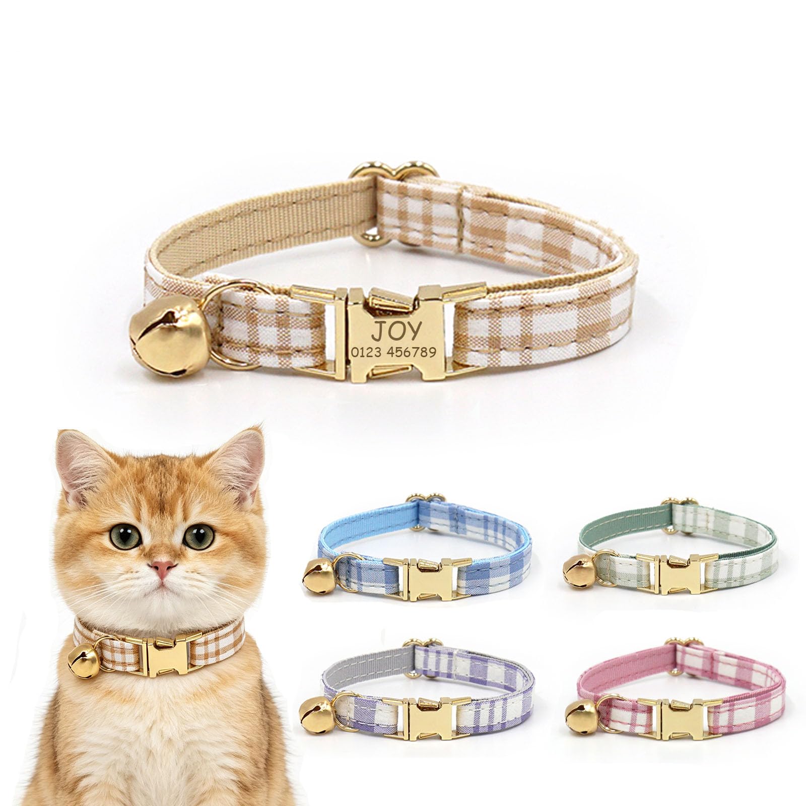 Personalised Plaid Cat Collar with Name and Phone Number, Adjustable Bow Cats Collars with Bell and Metal Buckle for Kitten Puppy and Small Pets (Yellow)