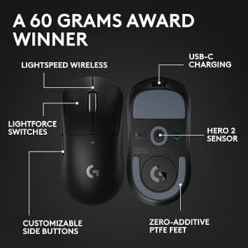 Logitech G PRO X Superlight 2 Wireless Gaming Mouse, 60g Pro-Grade with 5 Programmable Buttons, 44k DPI Sensor, 8kHz Report Rate, USB-C Charging for PC/Mac - Black | Lightspeed Wireless Up to 8, 000 Hz, Lightforce Hybrid Switches, 95 Hr Battery, 5 Programmable Buttons, USB-C Charging