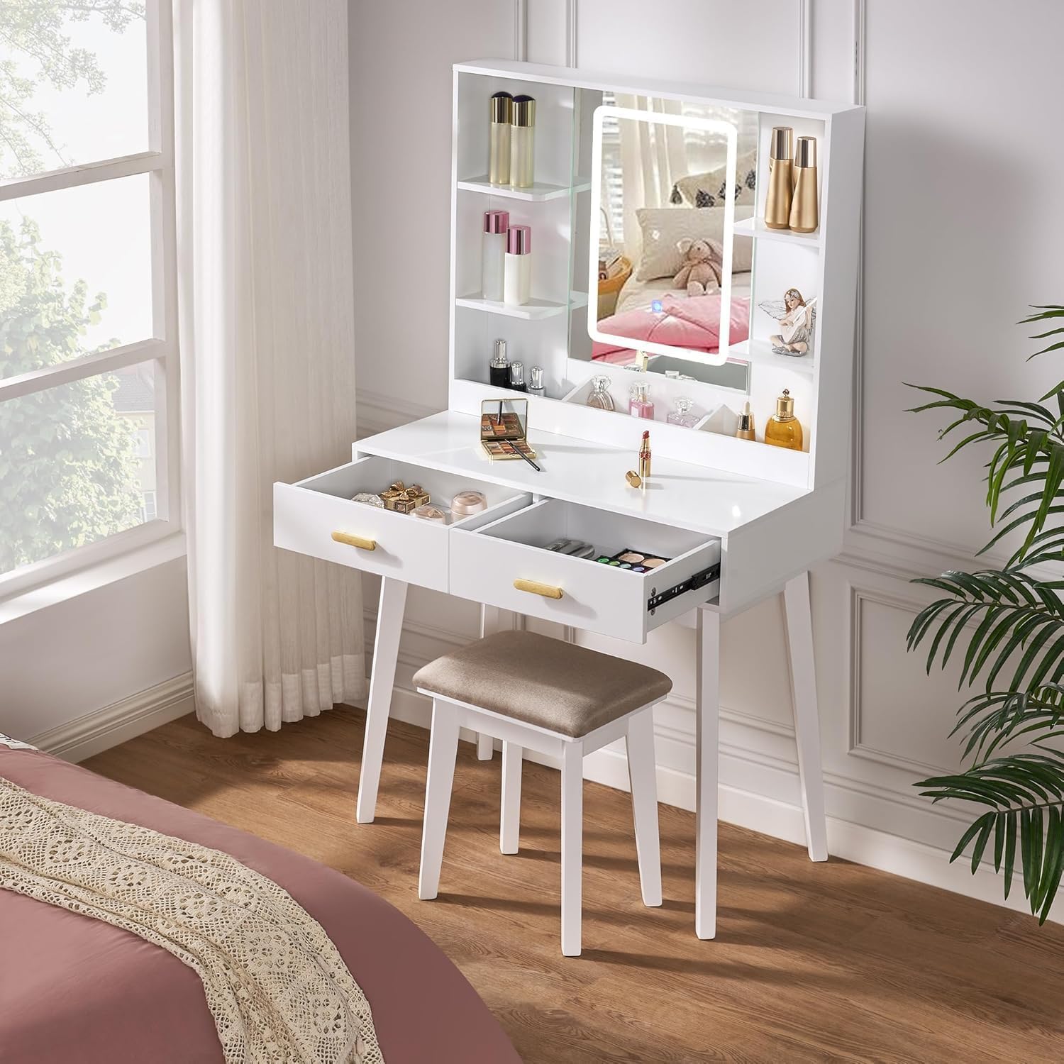 Toeletta Da Trucco Con Luci LED Hollywood - Cassetto, Mensole, USB E Presa, Bianco Moderno - Foto 5