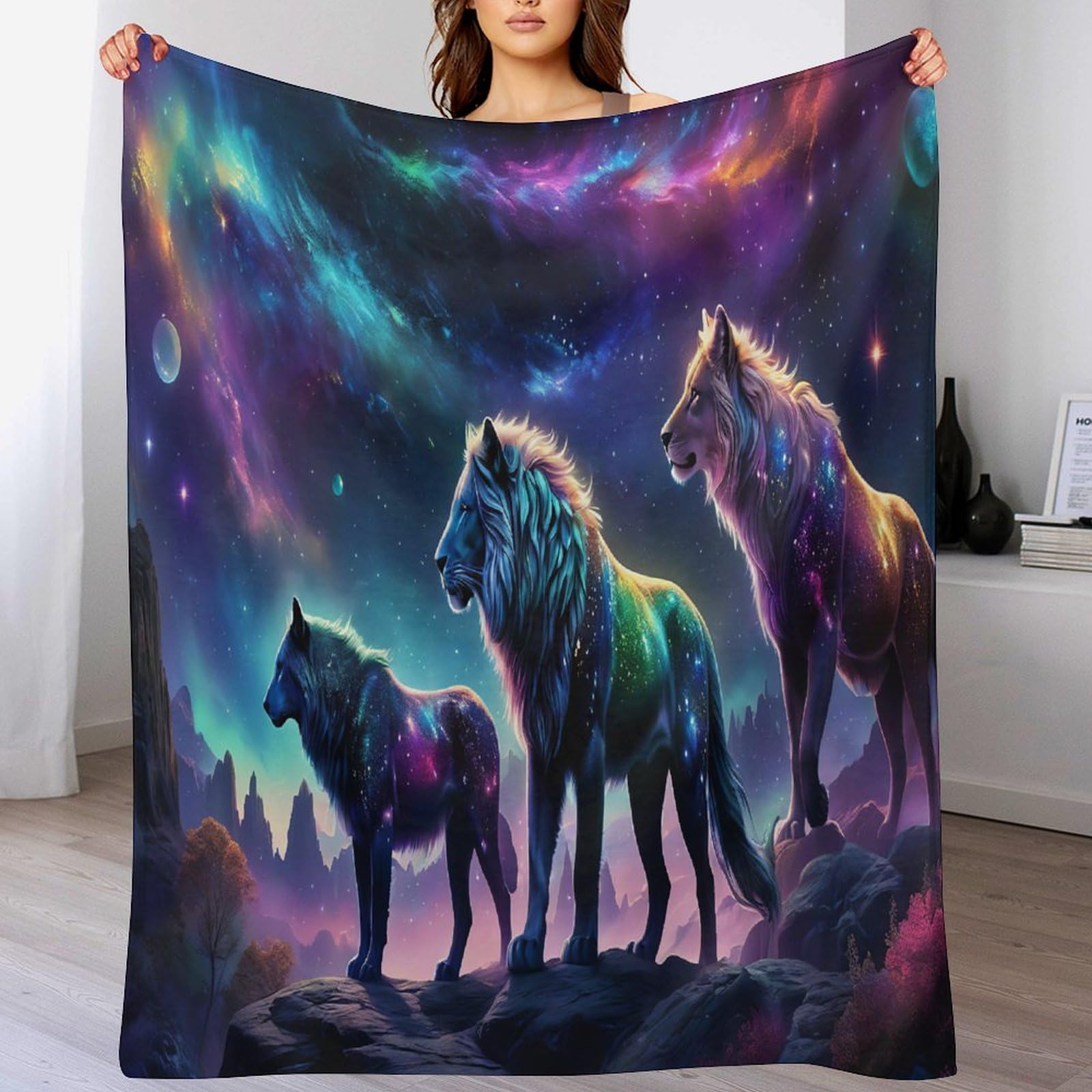 Couverture flanelle chaude et épaisse avec motif lion majestueux