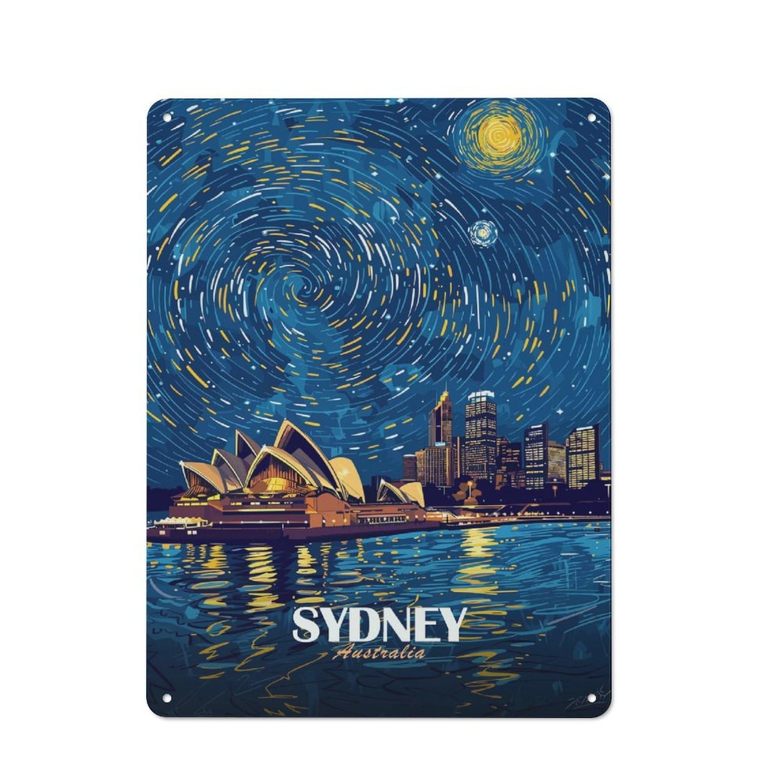 Junmoney Sydney Opera House Starry Night 40X30cm Rustic Tin Sign With For Dining Room Or Kitchen, A Decorative Metal Sign For Kitchens And Dining Spaces