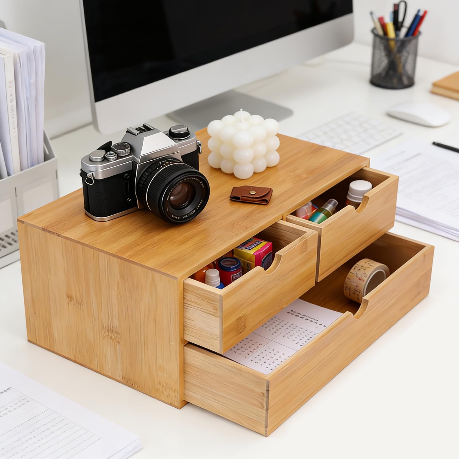 3 cassetti Organizzatore da scrivania in bambù, documenti forniture | bambù naturale, 3 cassetti (2 alti + 1 inferiore), scomparti A4, 33 x 19 x 16 cm, pronto all'uso, per ufficio e casa