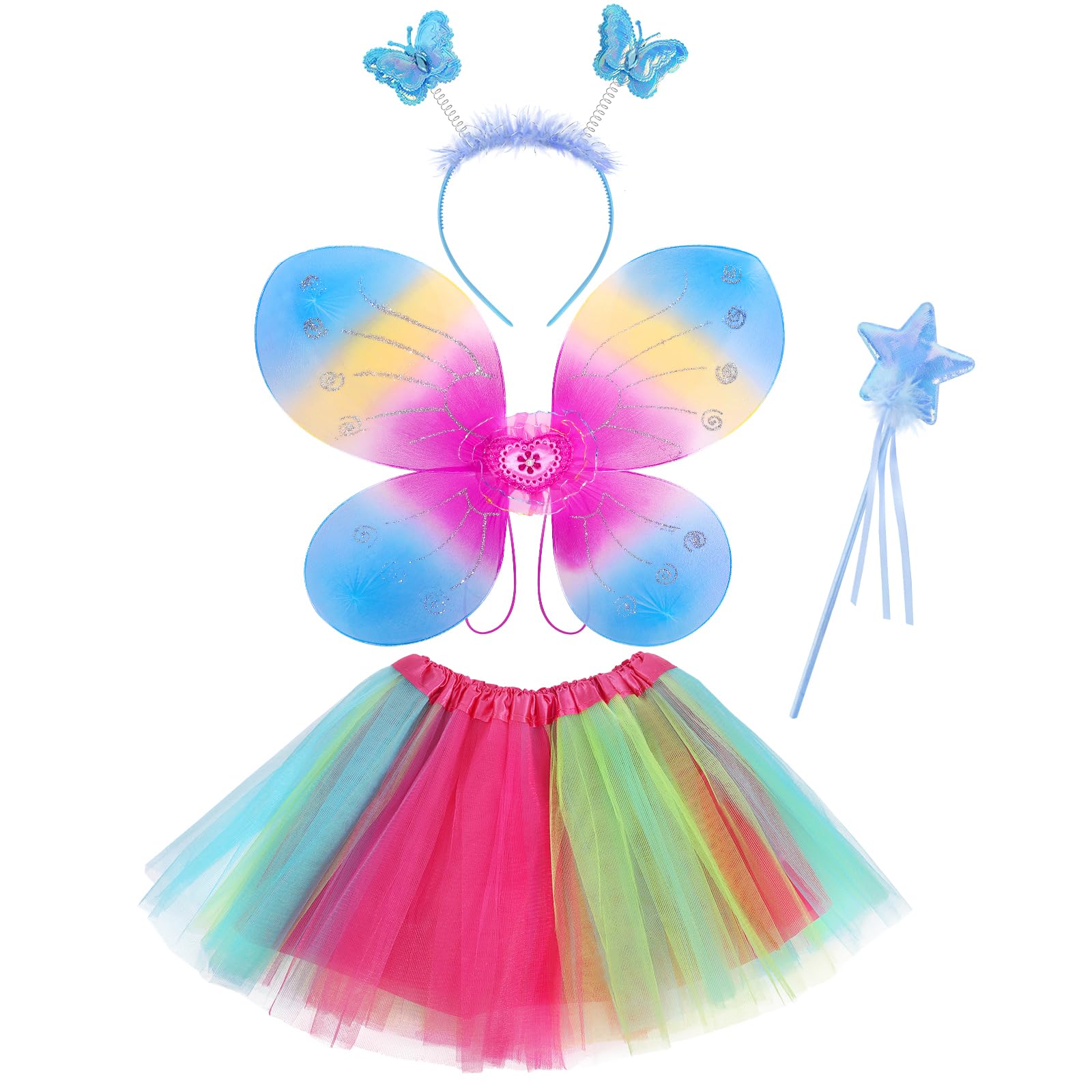 Lainlight 4 Pcs Butterfly Fairy Costume for Girls Kids Princess Cosplay Costume Set with Wings, Tutu Skirt, Wand (Rainbow)